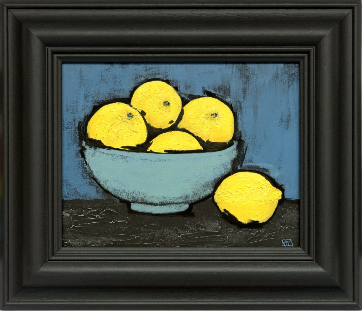 Lemons in a Blue Bowl, Acrylic on Board, 33 x 38cms, framed