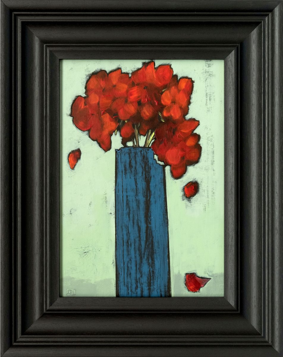 Red Geraniums in a Blue Vase, Acrylic on Board, 42 x 33cms, framed