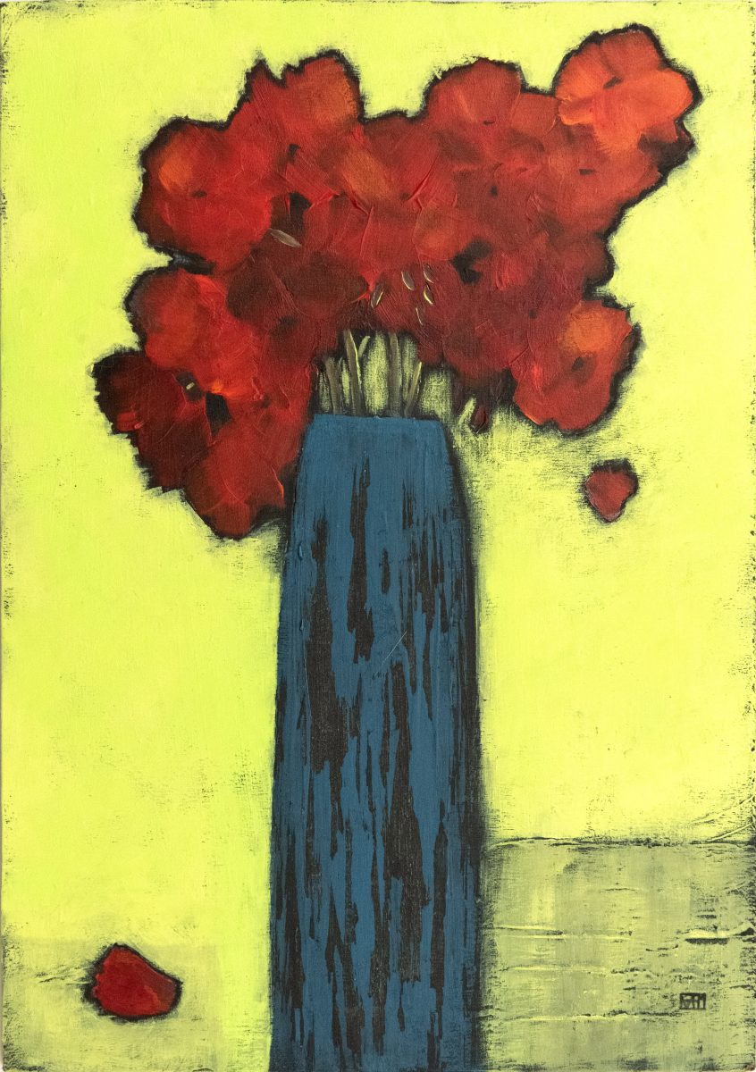 Red Geraniums in a Blue Vase, Acrylic on Board, 33 x 42cms, framed