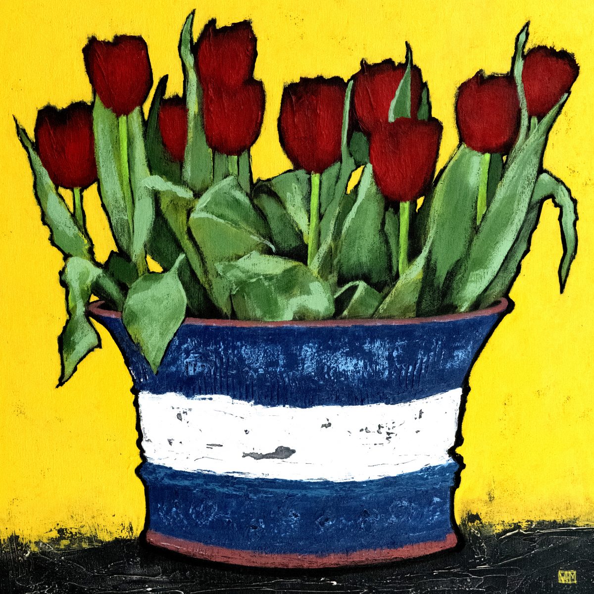 A Tub of Tulips, Acrylic on Board, 43 x 43cms, framed